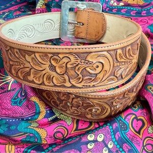 Vintage Tooled Floral Leather Western Belt Mexico Solid Brass Buckle 30 Unisex